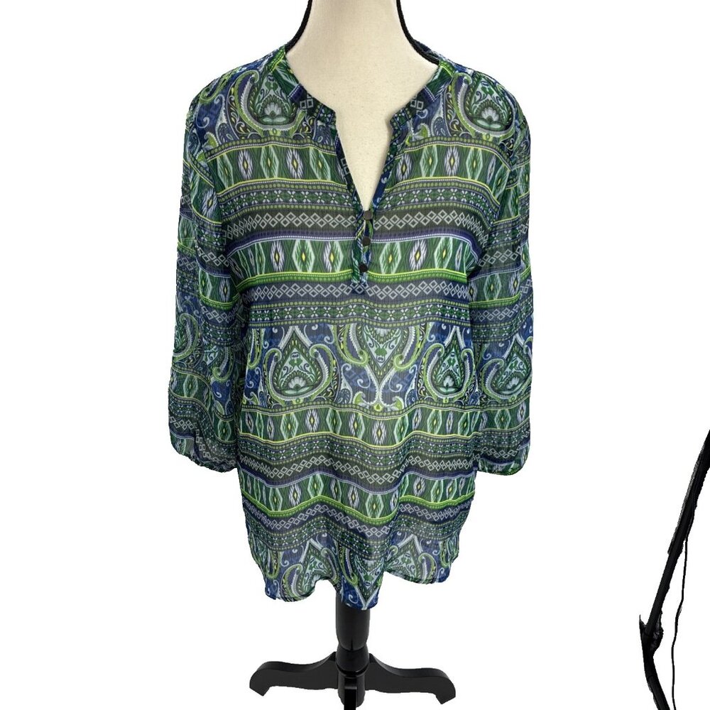 Liz Claiborne Womens Size M Blouse Green Blue Paisley Print 3/4 Sleeve Tunic Top